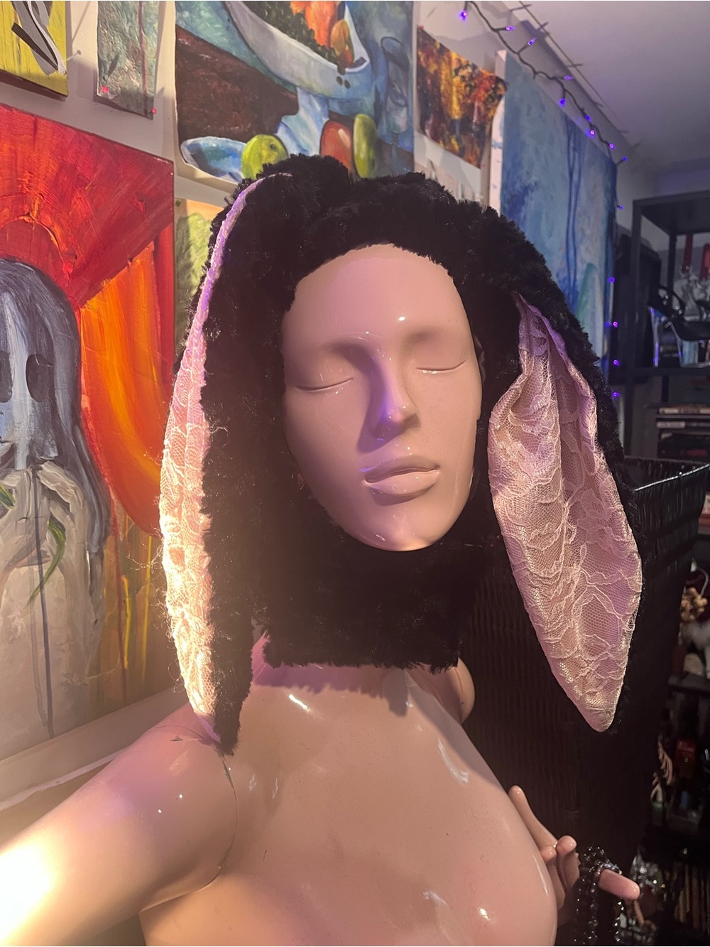Black Faux Fur Bunny Ear Hat with Pink Satin and Lace Lining